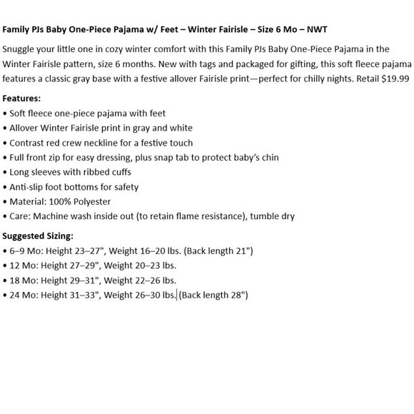 Family PJs Baby One-Piece Pajama w/ Feet – Winter Fairisle – Size 6 Mo – NWT - Picture 2 of 4